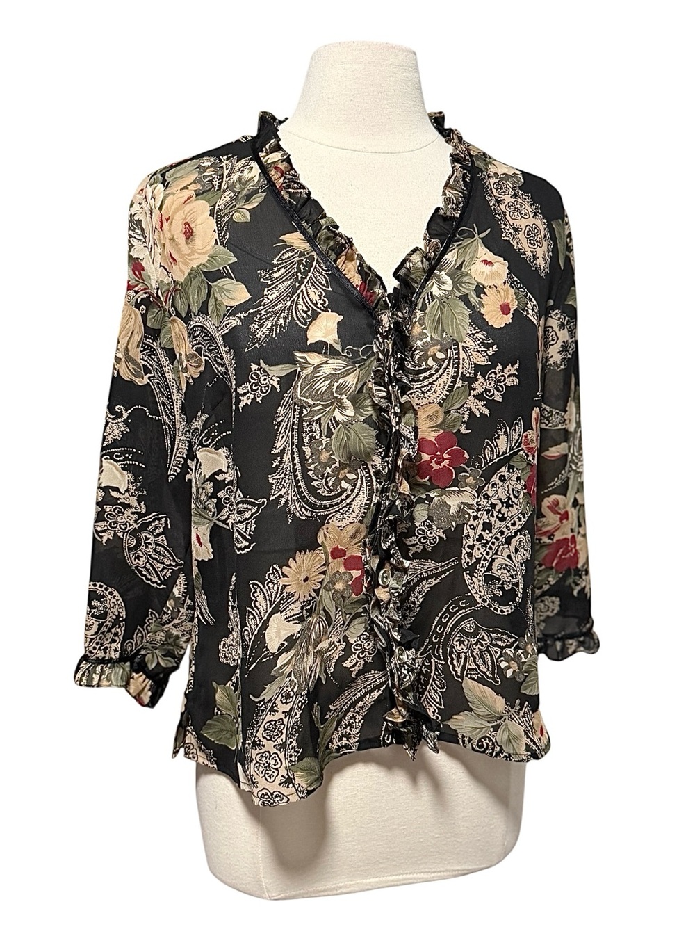 Kathy Che Floral Button Down Long Sleeve Vintage Blouse Top Size 14